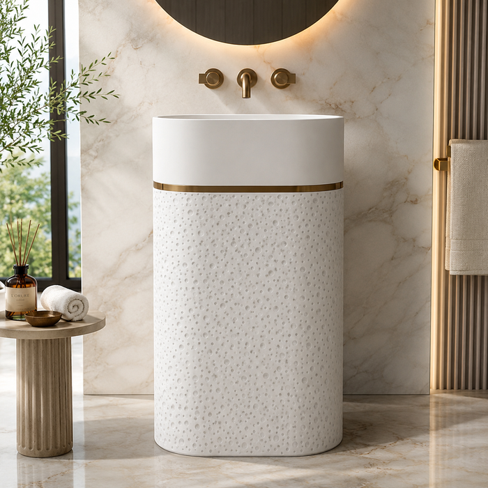 Luxury Artificial Pedestal Basin with Gold Accent | Designer Freestanding Wash Basin | 21 × 15 × 36 In White