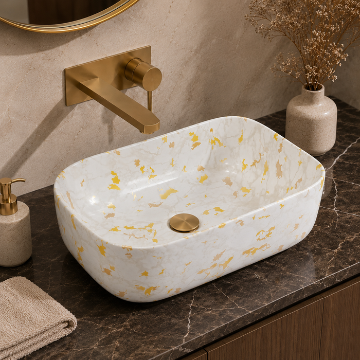 Bassino White & Gold Marble Countertop Wash Basin – Premium Ceramic Vessel Sink (15.7" x 11.8" x 5.5")