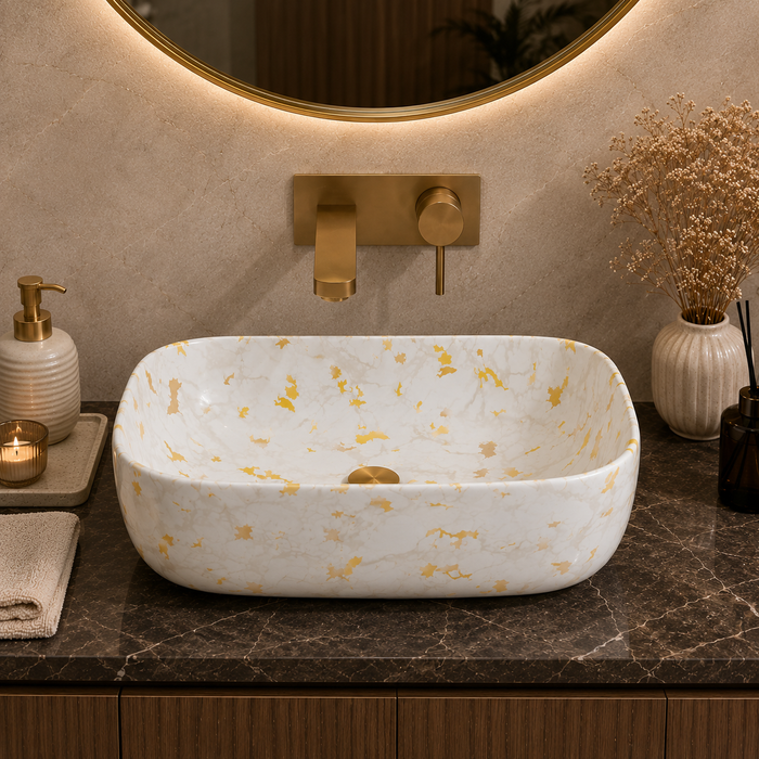 Bassino White & Gold Marble Countertop Wash Basin – Premium Ceramic Vessel Sink (15.7" x 11.8" x 5.5")