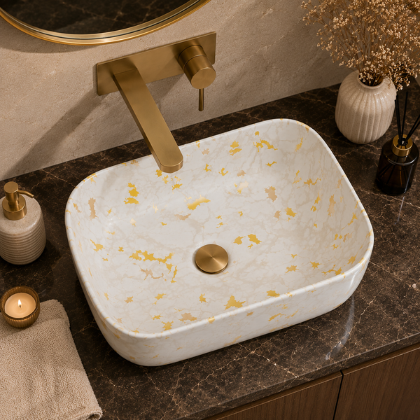Bassino White & Gold Marble Countertop Wash Basin – Premium Ceramic Vessel Sink (15.7" x 11.8" x 5.5")
