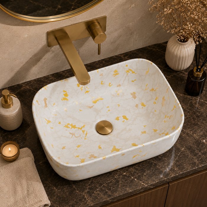 Bassino White & Gold Marble Countertop Wash Basin – Premium Ceramic Vessel Sink (15.7" x 11.8" x 5.5")