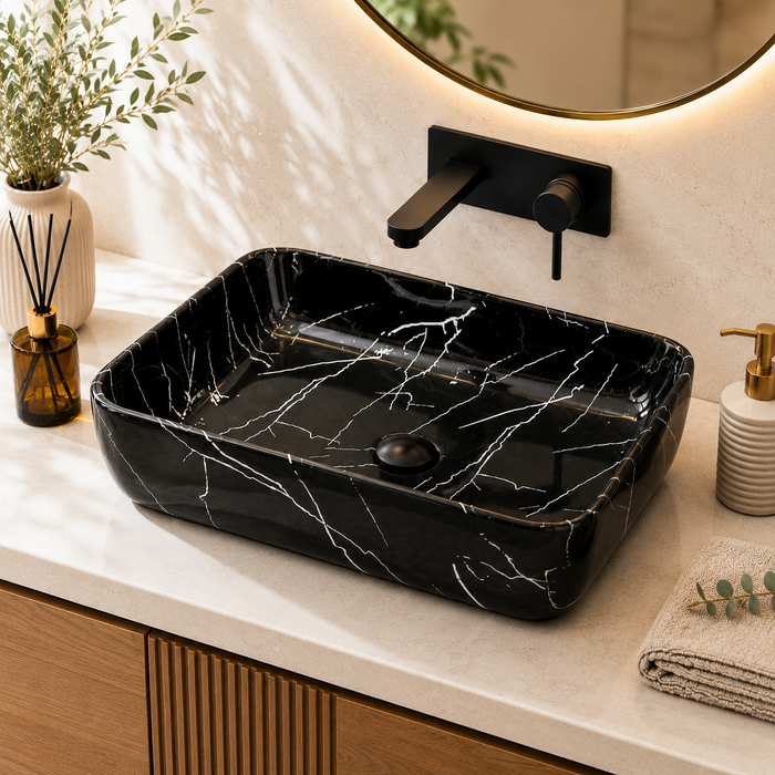 Bassino Black Marble Rectangular Countertop Wash Basin – Premium Ceramic Vessel Sink (23.6" x 13.8" x 4.9")