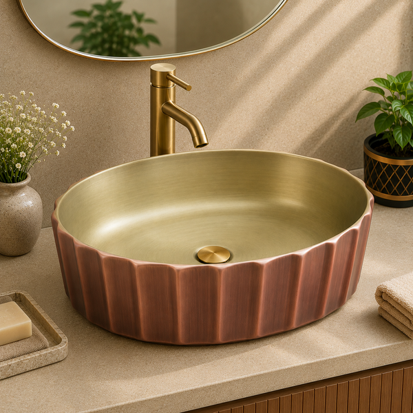 Bassino Textured Oval Countertop Wash Basin – Luxury Designer Vessel Sink (22" x 14.2" x 5.9")