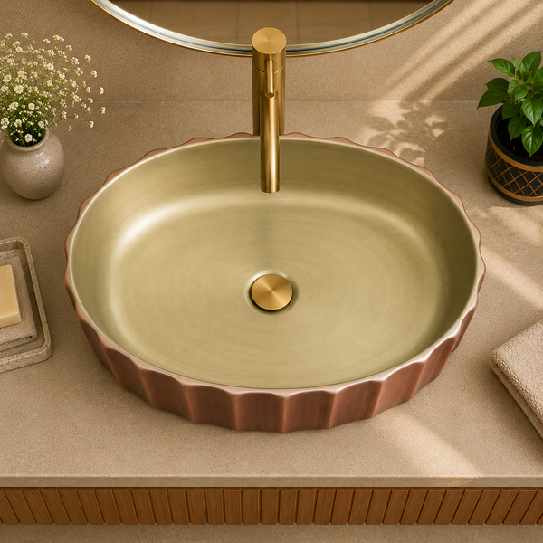 Bassino Textured Oval Countertop Wash Basin – Luxury Designer Vessel Sink (22" x 14.2" x 5.9")