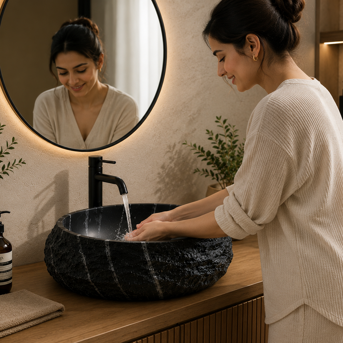 Designer Countertop Wash Basin – Matt Artificial Stone Basin | 500×380×150 mm Black