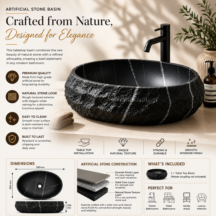 Designer Countertop Wash Basin – Matt Artificial Stone Basin | 500×380×150 mm Black