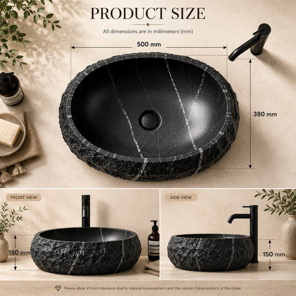 Designer Countertop Wash Basin – Matt Artificial Stone Basin | 500×380×150 mm Black
