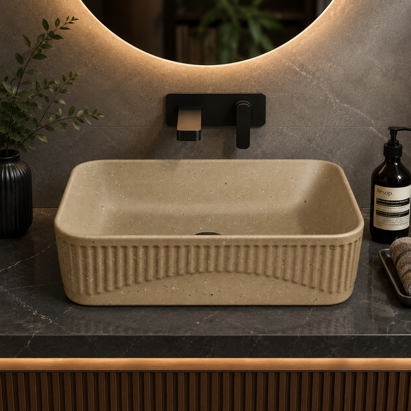 Bassino Grey Stone Textured Rectangular Countertop Wash Basin – Modern Ceramic Vessel Sink (20" x 14" x 5")