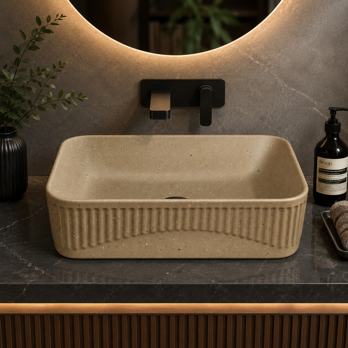 Bassino Grey Stone Textured Rectangular Countertop Wash Basin – Modern Ceramic Vessel Sink (20" x 14" x 5")