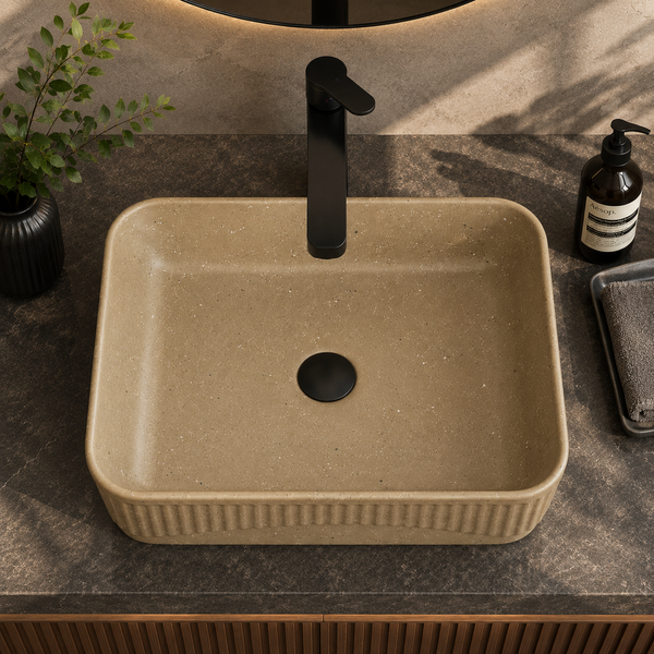 Bassino Grey Stone Textured Rectangular Countertop Wash Basin – Modern Ceramic Vessel Sink (20" x 14" x 5")