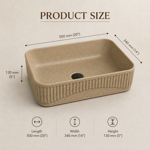 Bassino Grey Stone Textured Rectangular Countertop Wash Basin – Modern Ceramic Vessel Sink (20" x 14" x 5")