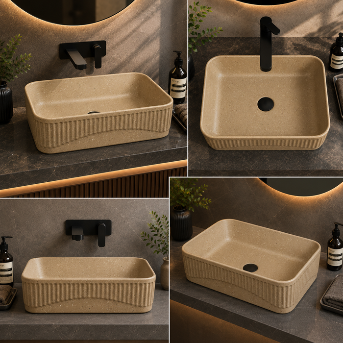 Bassino Grey Stone Textured Rectangular Countertop Wash Basin – Modern Ceramic Vessel Sink (20" x 14" x 5")