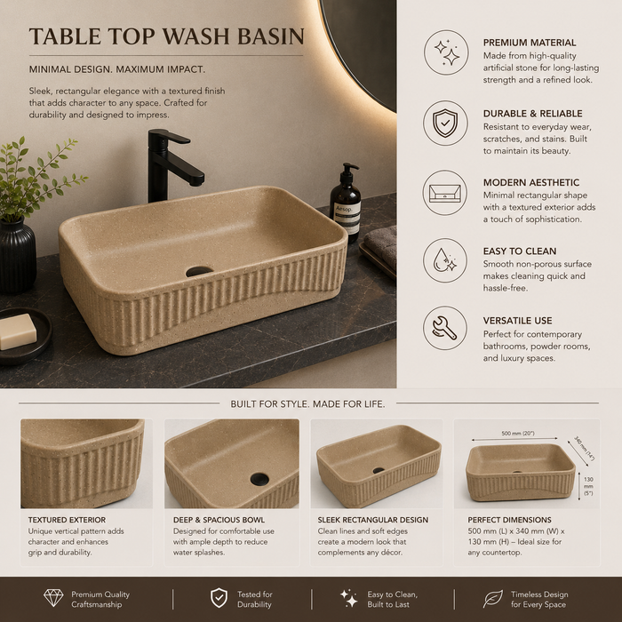 Bassino Grey Stone Textured Rectangular Countertop Wash Basin – Modern Ceramic Vessel Sink (20" x 14" x 5")
