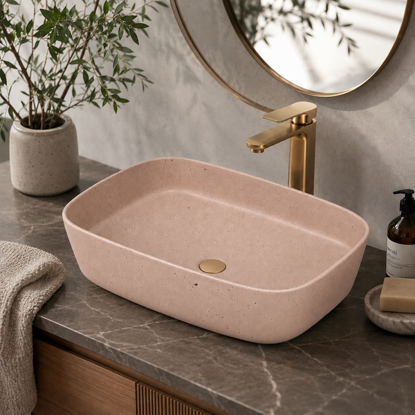 Bassino Beige Stone Finish Countertop Wash Basin – Premium Ceramic Vessel Sink (19.9" x 15.0" x 5.3")