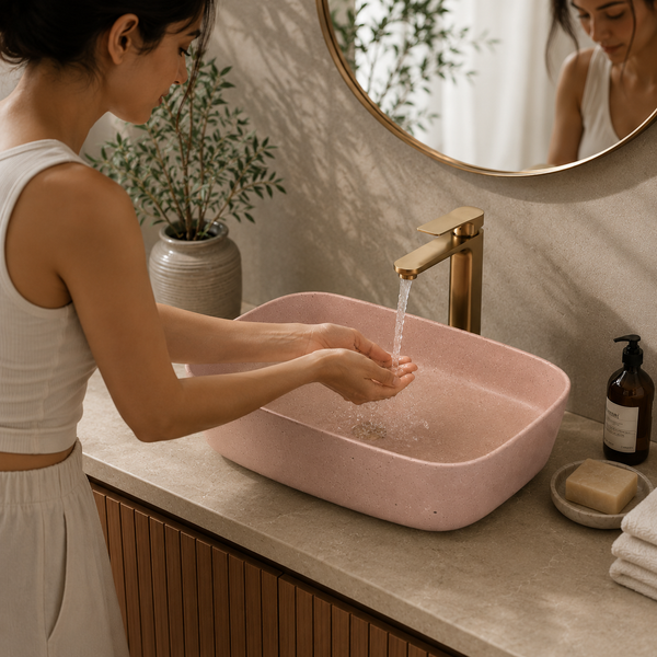 Bassino Beige Stone Finish Countertop Wash Basin – Premium Ceramic Vessel Sink (19.9" x 15.0" x 5.3")
