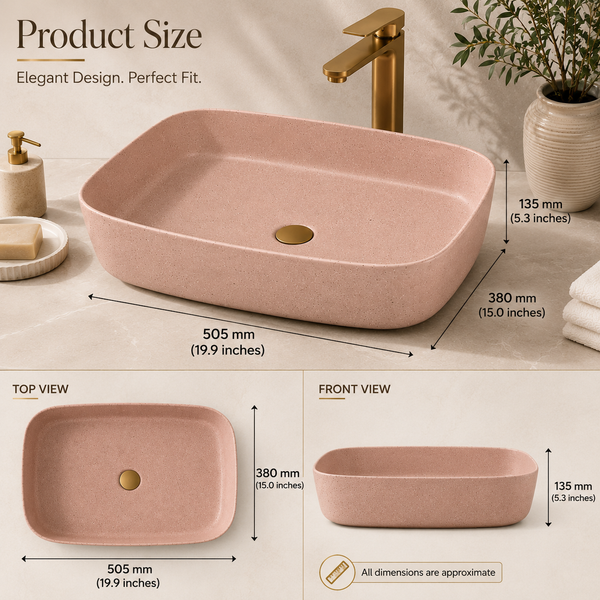 Bassino Beige Stone Finish Countertop Wash Basin – Premium Ceramic Vessel Sink (19.9" x 15.0" x 5.3")