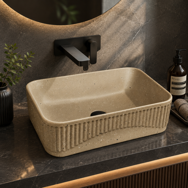 Bassino Grey Stone Textured Rectangular Countertop Wash Basin – Modern Ceramic Vessel Sink (20" x 14" x 5")