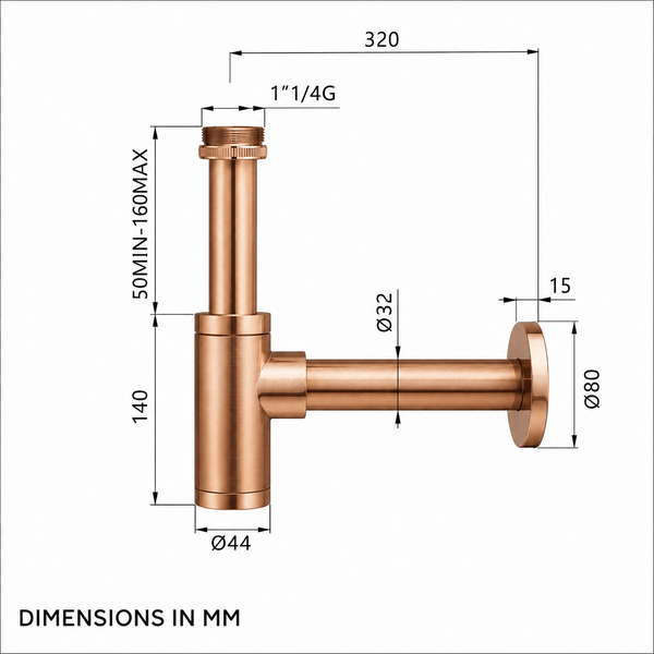 BASSINO Premium Bottle Trap with 300mm Long Bottle Trap Pipe with Wall Flange Brushed Rose Gold
