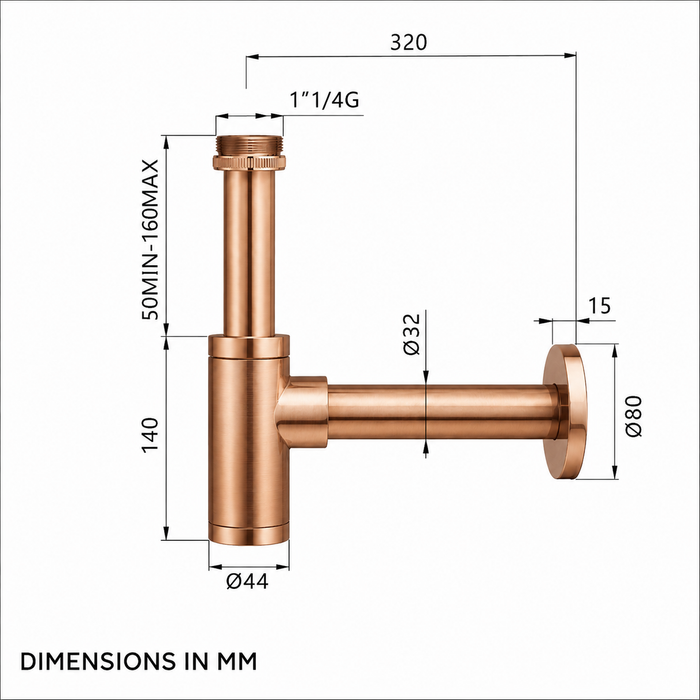 BASSINO Premium Bottle Trap with 300mm Long Bottle Trap Pipe with Wall Flange Brushed Rose Gold