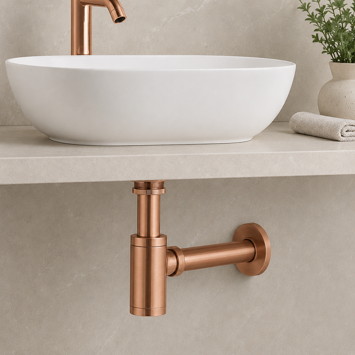 BASSINO Premium Bottle Trap with 300mm Long Bottle Trap Pipe with Wall Flange Brushed Rose Gold