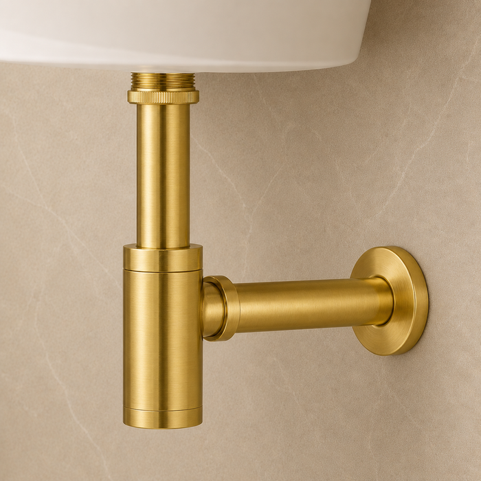 BASSINO Premium Bottle Trap with 300mm Long Bottle Trap Pipe with Wall Flange Brushed Gold