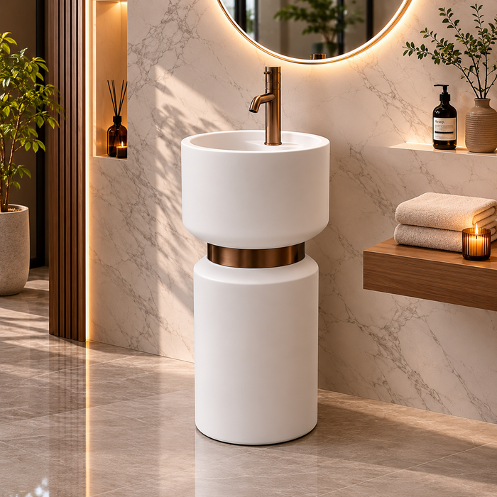 Artificial Stone Pedestal Basin – Designer Floor Mounted Wash Basin with Tap Hole | 16x16x34 Inch White
