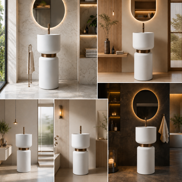 Artificial Stone Pedestal Basin – Designer Floor Mounted Wash Basin with Tap Hole | 16x16x34 Inch White