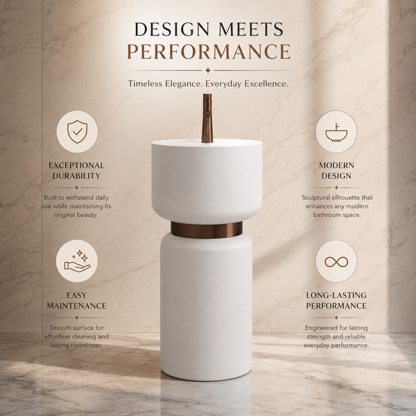 Artificial Stone Pedestal Basin – Designer Floor Mounted Wash Basin with Tap Hole | 16x16x34 Inch White