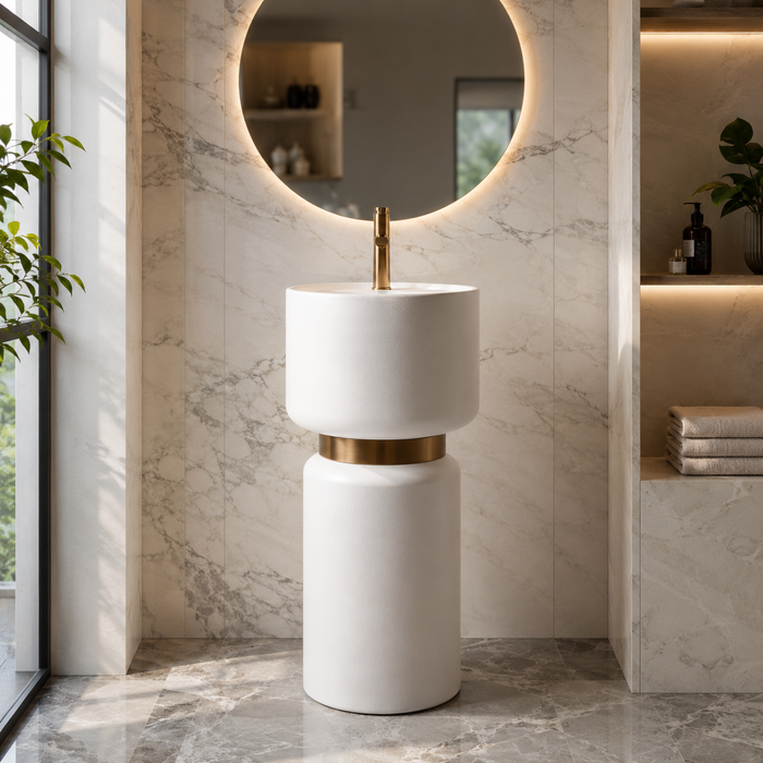 Artificial Stone Pedestal Basin – Designer Floor Mounted Wash Basin with Tap Hole | 16x16x34 Inch White