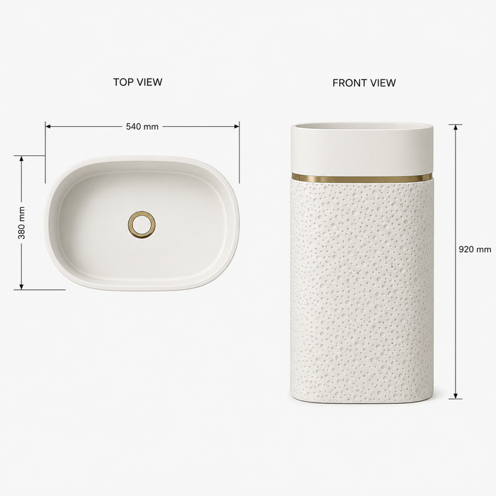 Luxury Artificial Pedestal Basin with Gold Accent | Designer Freestanding Wash Basin | 21 × 15 × 36 In White