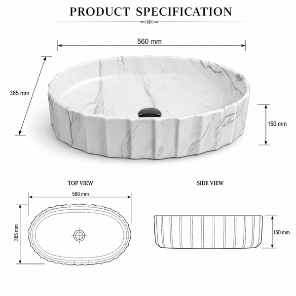 Matte Marble Finish Designer Oval Countertop Bathroom Sink Wash Basin (22" × 14" × 6" IN) White
