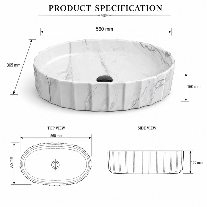 Matte Marble Finish Designer Oval Countertop Bathroom Sink Wash Basin (22" × 14" × 6" IN) White