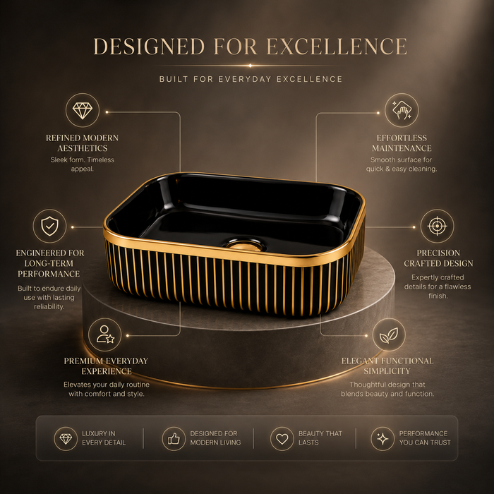 Luxury Black & Gold/Rose Gold Countertop Wash Basin | Designer Table Top Basin (16" × 12" × 6" IN) Gold