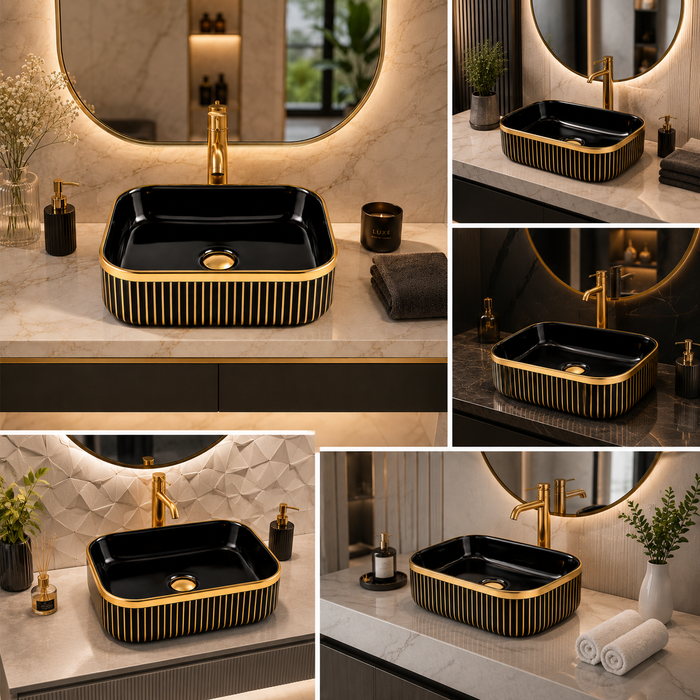 Luxury Black & Gold/Rose Gold Countertop Wash Basin | Designer Table Top Basin (16" × 12" × 6" IN) Gold