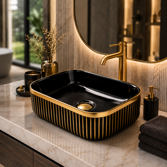 Luxury Black & Gold/Rose Gold Countertop Wash Basin | Designer Table Top Basin (16" × 12" × 6" IN) Gold