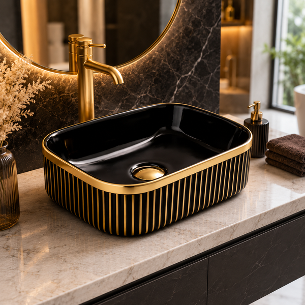 Luxury Black & Gold/Rose Gold Countertop Wash Basin | Designer Table Top Basin (16" × 12" × 6" IN) Gold