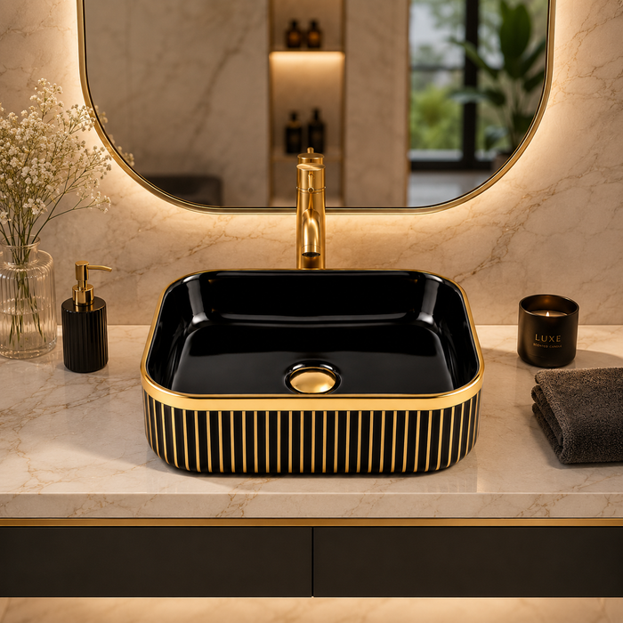 Luxury Black & Gold/Rose Gold Countertop Wash Basin | Designer Table Top Basin (16" × 12" × 6" IN) Gold