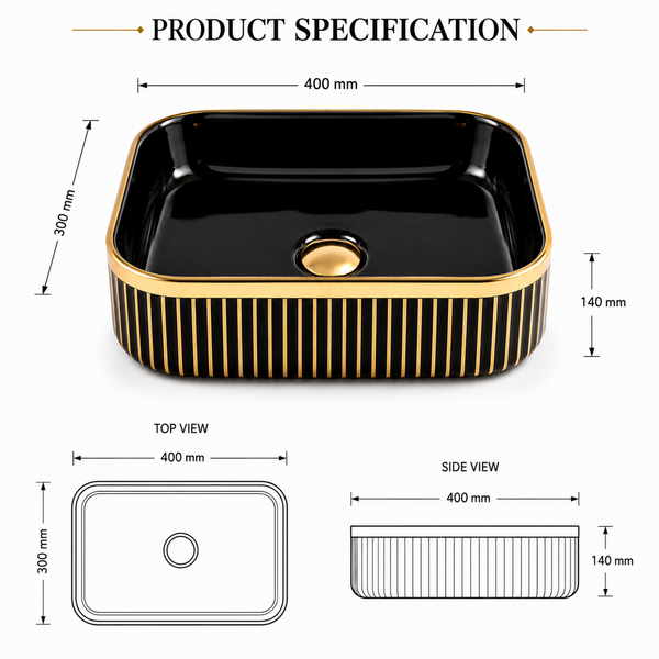 Luxury Black & Gold/Rose Gold Countertop Wash Basin | Designer Table Top Basin (16" × 12" × 6" IN) Gold