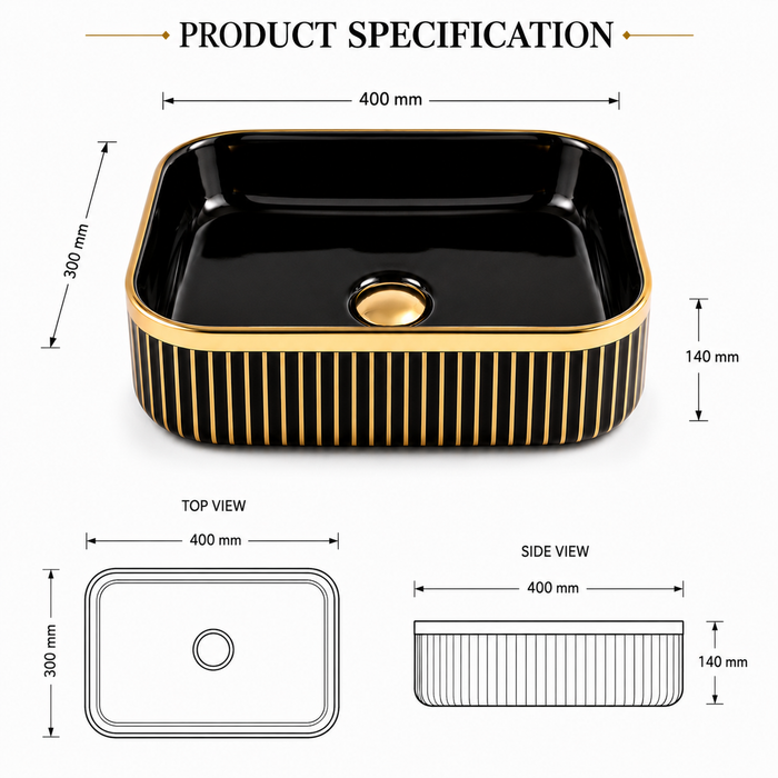 Luxury Black & Gold/Rose Gold Countertop Wash Basin | Designer Table Top Basin (16" × 12" × 6" IN) Gold