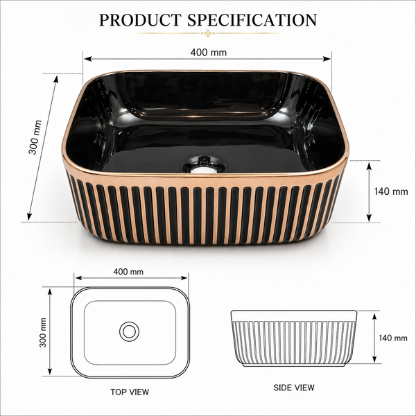 Luxury Black & Gold/Rose Gold Countertop Wash Basin | Designer Table Top Basin (16" × 12" × 6" IN) Rose gold