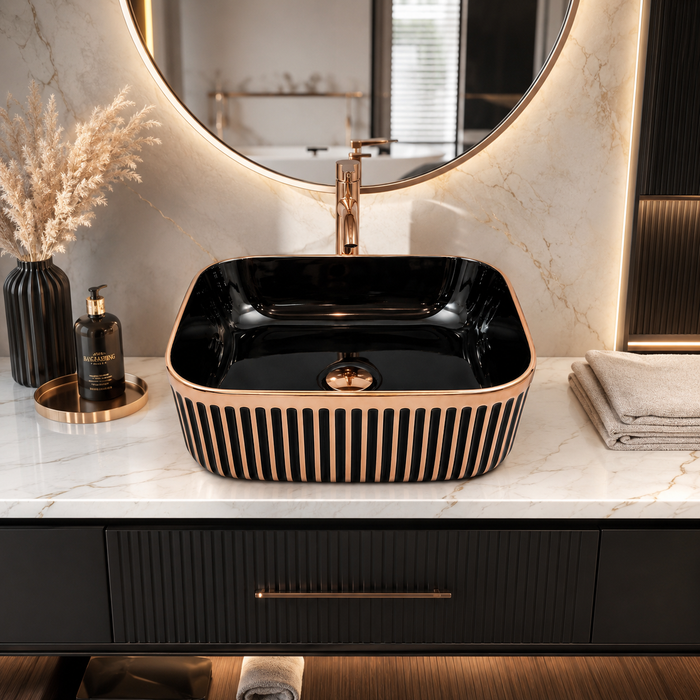 Luxury Black & Gold/Rose Gold Countertop Wash Basin | Designer Table Top Basin (16" × 12" × 6" IN) Rose gold