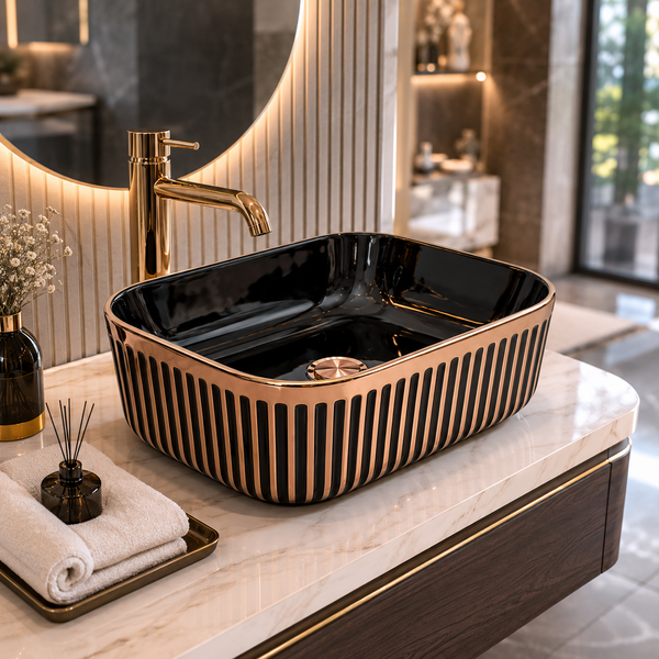 Luxury Black & Gold/Rose Gold Countertop Wash Basin | Designer Table Top Basin (16" × 12" × 6" IN) Rose gold