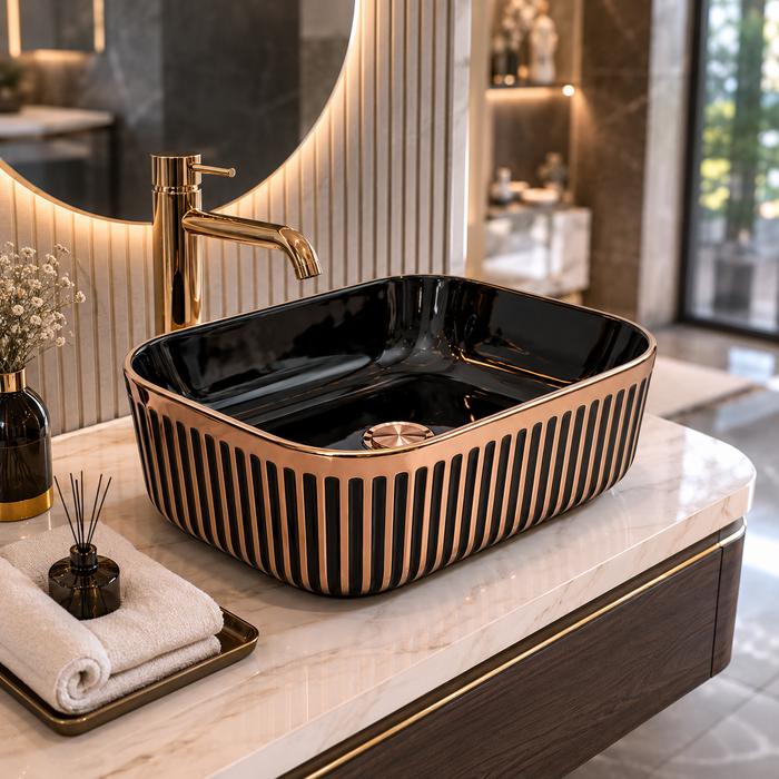 Luxury Black & Gold/Rose Gold Countertop Wash Basin | Designer Table Top Basin (16" × 12" × 6" IN) Rose gold