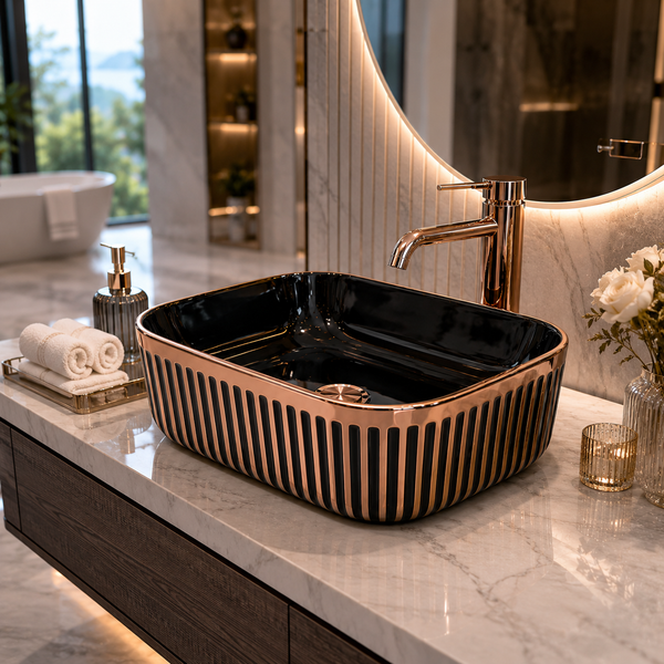 Luxury Black & Gold/Rose Gold Countertop Wash Basin | Designer Table Top Basin (16" × 12" × 6" IN) Rose gold