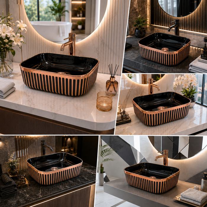 Luxury Black & Gold/Rose Gold Countertop Wash Basin | Designer Table Top Basin (16" × 12" × 6" IN) Rose gold