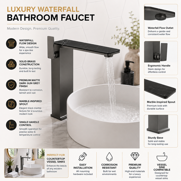 BASSINO Luxury Tall Basin Mixer Tap | Designer Premium Bathroom Faucet - 5 Years Warranty Gun Grey