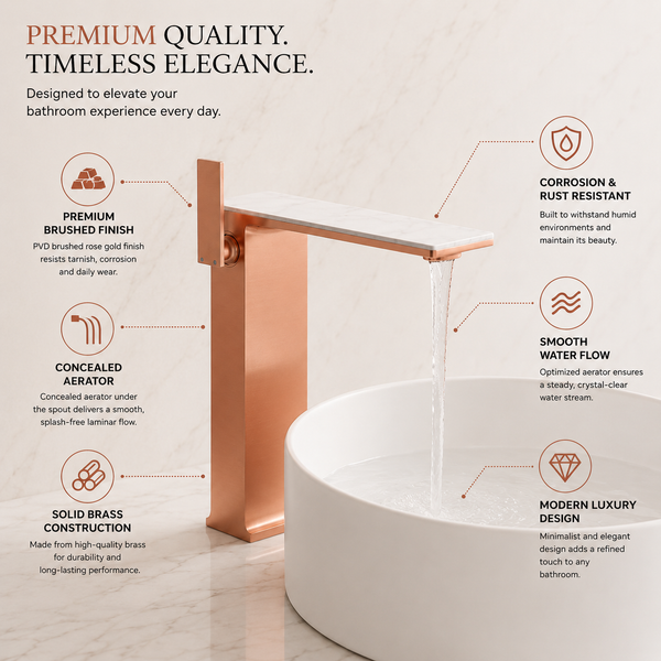 BASSINO Luxury Tall Basin Mixer Tap | Designer Premium Bathroom Faucet - 5 Years Warranty Brushed Rose Gold