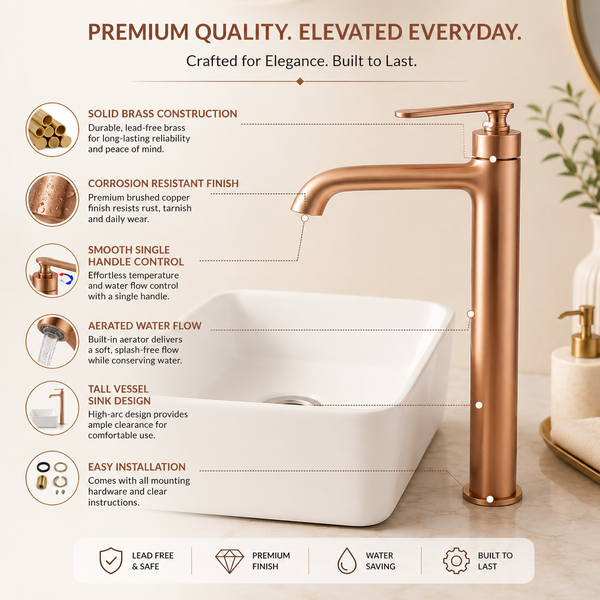 BASSINO Luxury Tall Basin Mixer Tap Modern Faucet | 5 Years Warranty Brushed Rose Gold