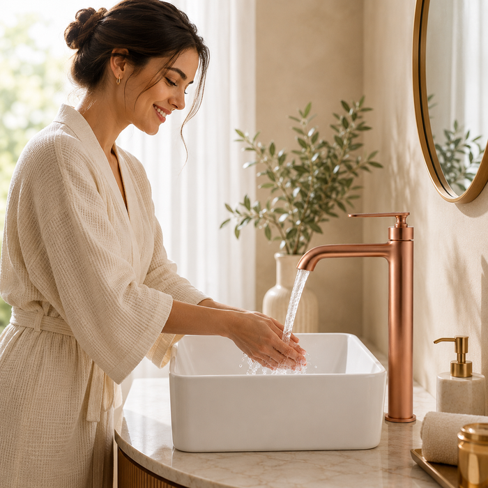 BASSINO Luxury Tall Basin Mixer Tap Modern Faucet | 5 Years Warranty Brushed Rose Gold