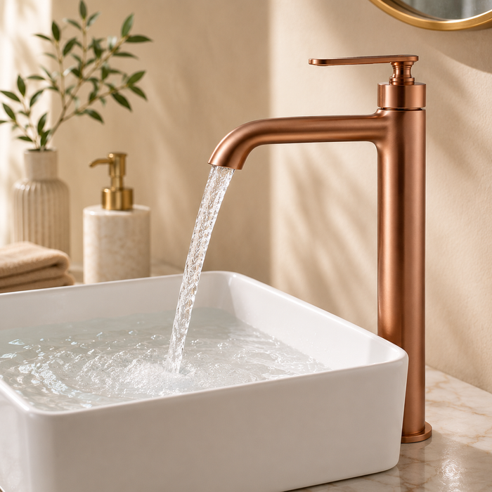 BASSINO Luxury Tall Basin Mixer Tap Modern Faucet | 5 Years Warranty Brushed Rose Gold